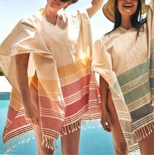 Tribe Alive Poncho Coverup Fringe V-Neck Caftan